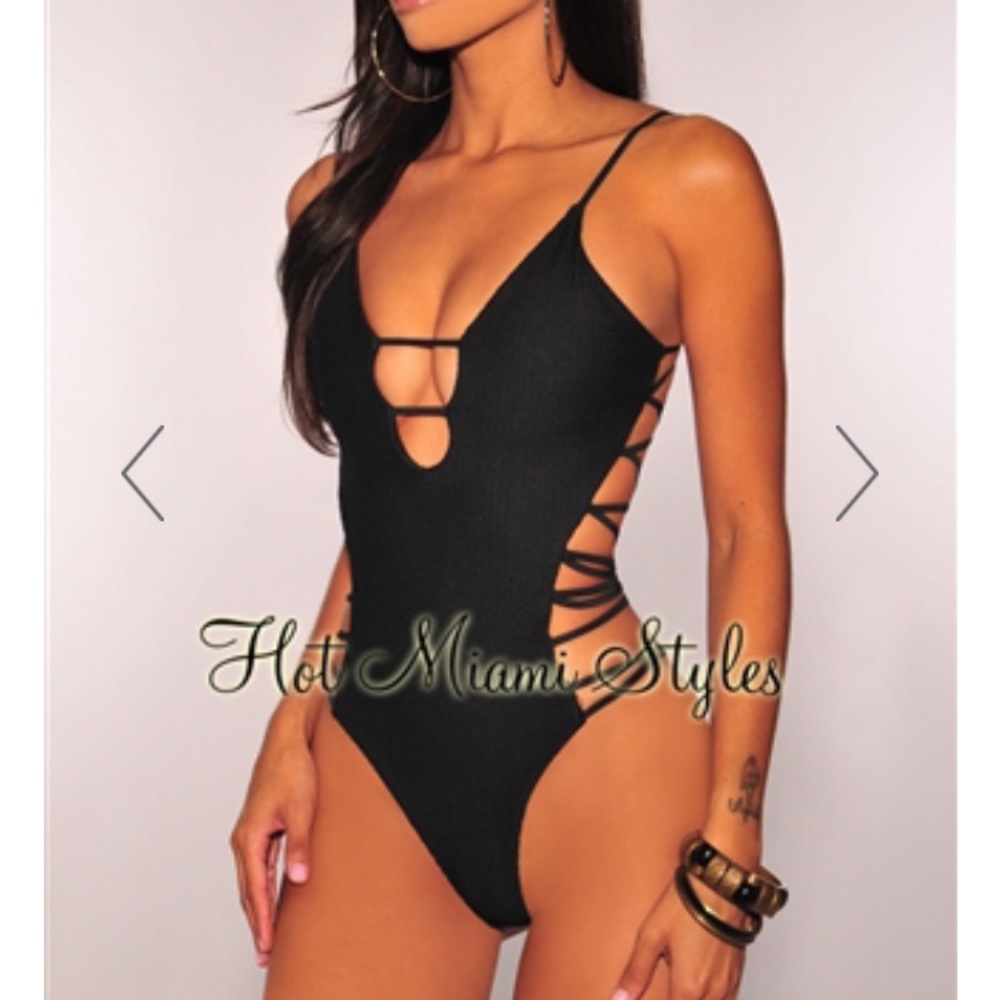 Black sexy strappy one piece bathing suit